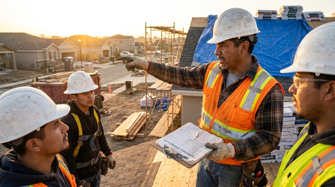 Site supervisor briefing the crew over a printed SWMS before work starts